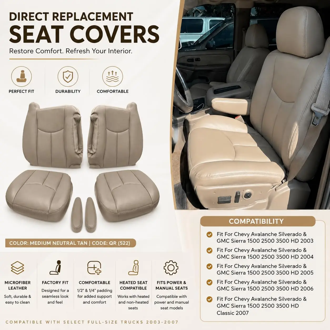 Med Tan Driver and Passenger Side Bottom & Top Lean Back Replacement Leather Seat Cover & Armrest Seat Cover #522/52i Fit for Ch