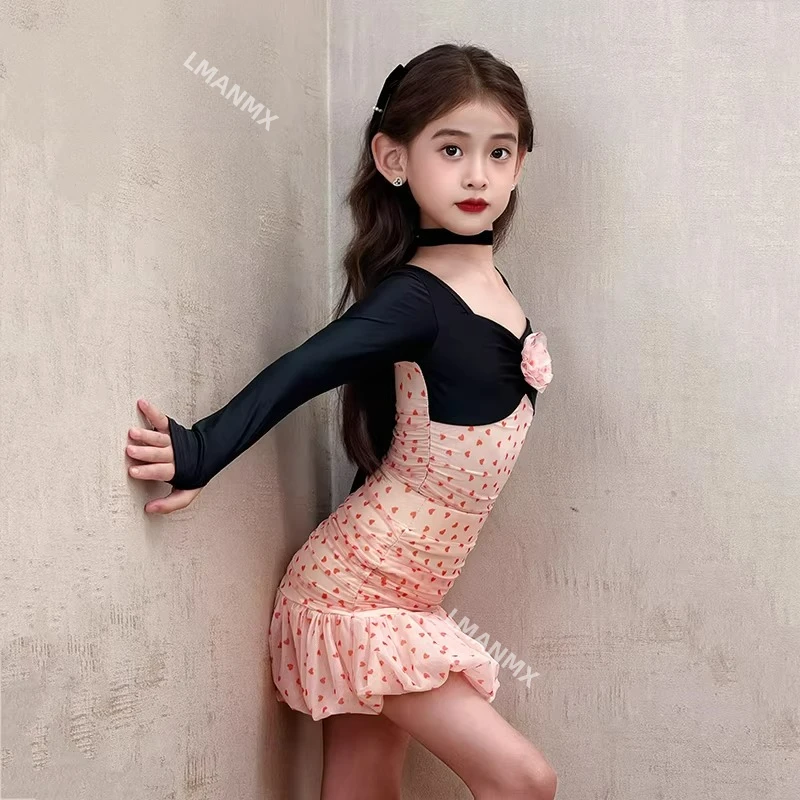 Herfst/winter nieuwe Latin-dansjurk voor kinderen, hoogwaardige oefenjurk met lange mouwen
