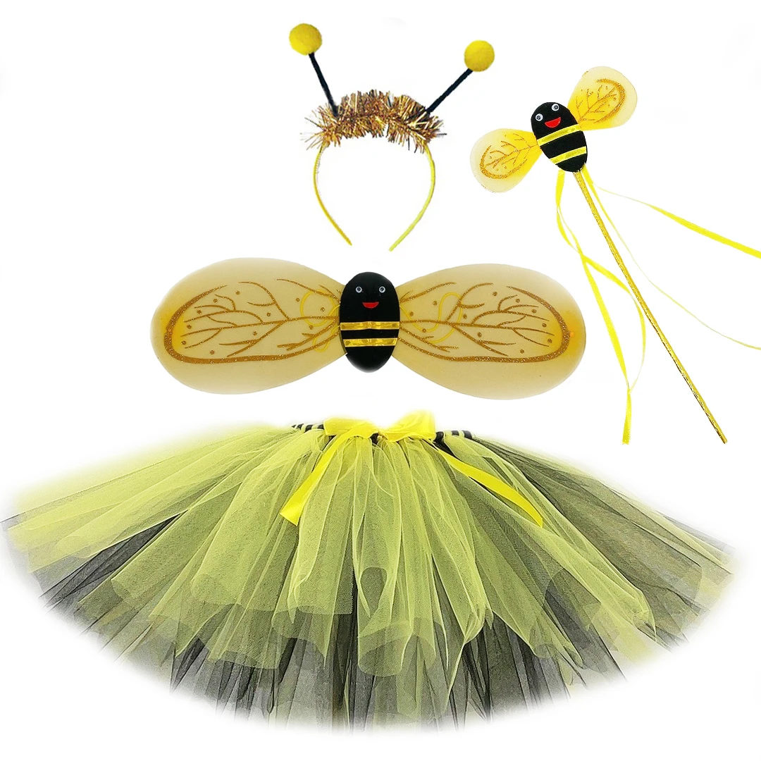 

Little Bee Tutu Skirt for Girls Fluffy Tulle Mini Skirt with Wings Set Kids Halloween Party Honeybee Costume Toddler Baby Tutu