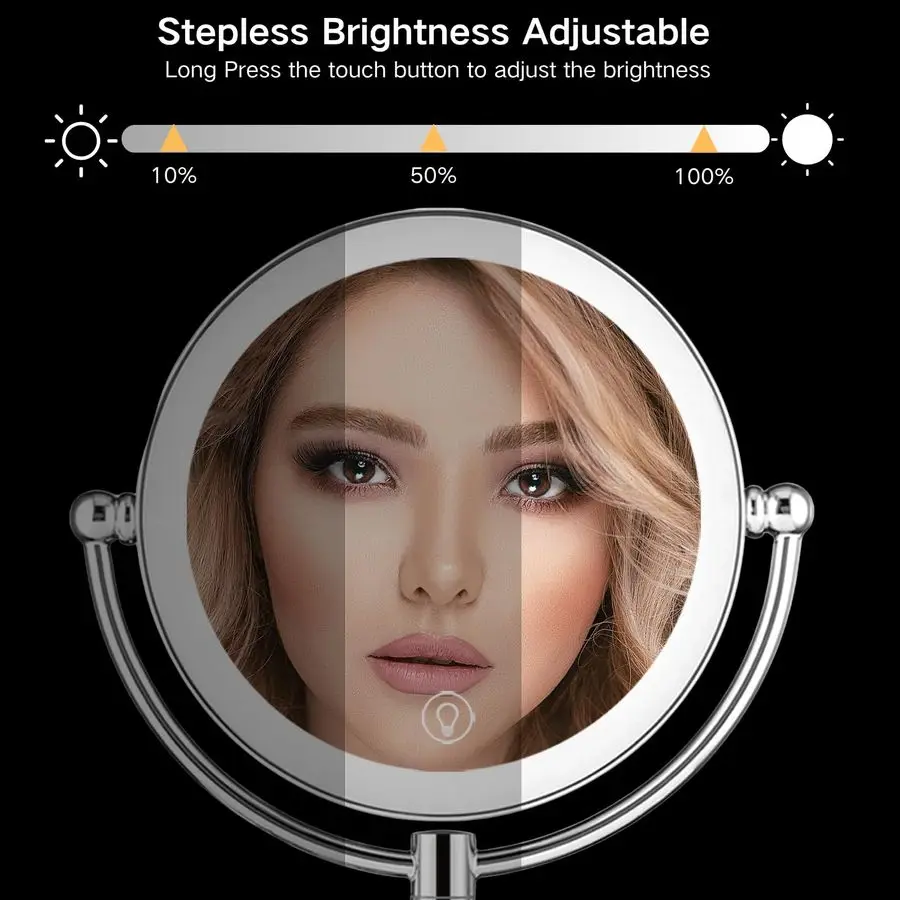 مرآة مكياج مضاءة مع تكبير، مرآة مكبرة مثبتة على الحائط 8 بوصة 1X 10X للحمام، قابلة للتعتيم باللمس، 360 دي
