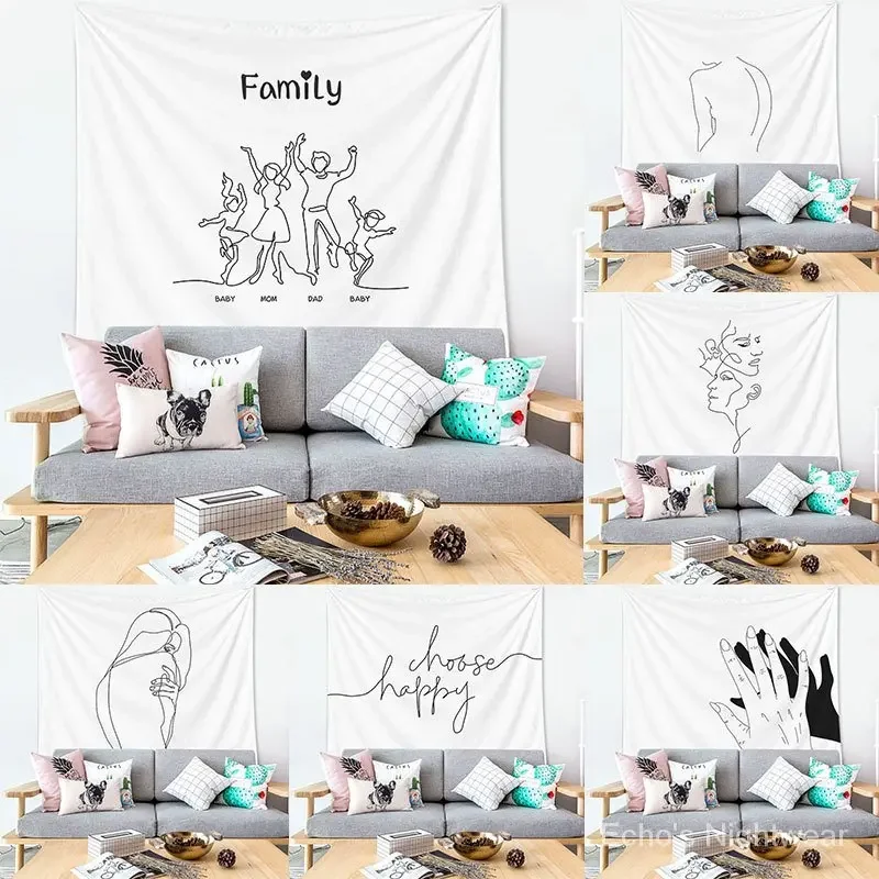 

Tapestry Wall Hanging Simple Art Black and White Lines Background Bedroom Decorative