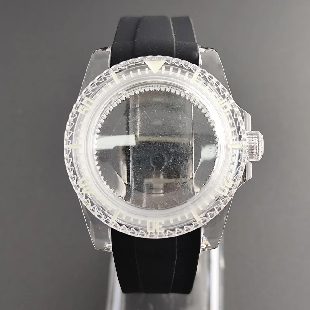 Зеленый светящийся корпус SUB NH35, прозрачные акриловые часы 40 мм, модифицированный резиновый ремешок 20 мм, подходит для механизмов NH35/NH36/4R