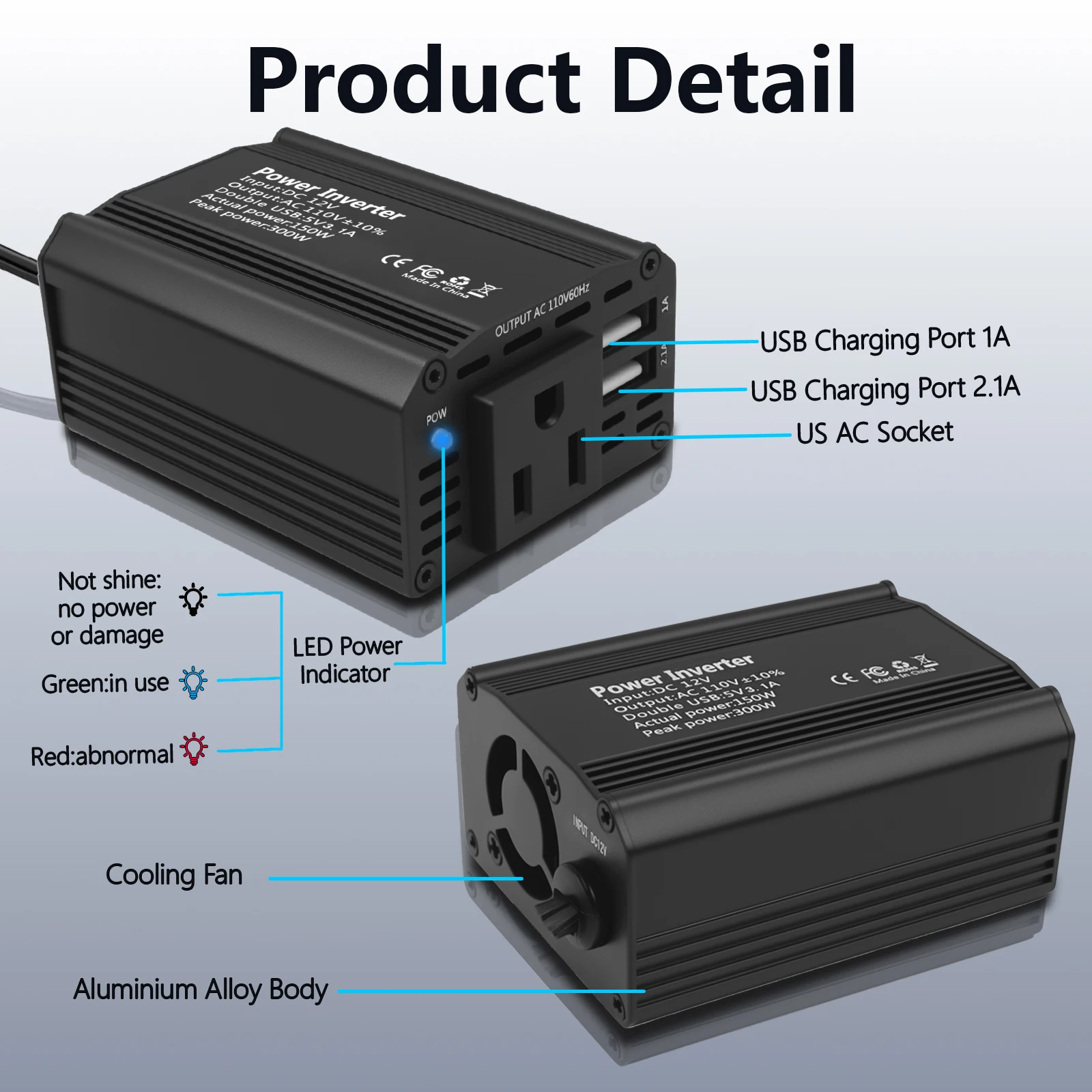 تيار مستمر 12 فولت إلى 110 فولت التيار المتناوب سيارة العاكس 300 واط تيار مستمر إلى التيار المتناوب محول طاقة محول أوتوماتيكي مع مقبس الولايات المتحدة المزدوج USB الولايات المتحدة التوصيل