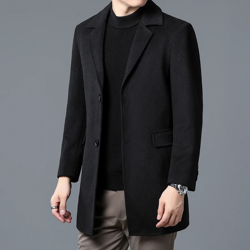 Winter Men Wool Essential Coat Black Gray Thick Thermal Overcoat With Detchable Down Puff Vest Attire Gentlemen Warm Soft Outfit