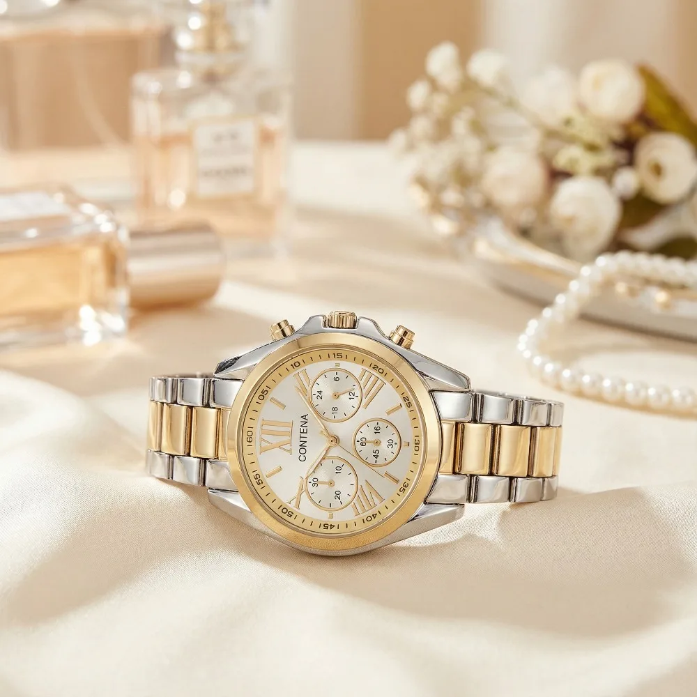 CONTENA Women Chronograph Watch Roman Numeral Dial Quartz Wristwatch Woman Stainless Steel Band Ladies Dress Watch Reloj Mujer