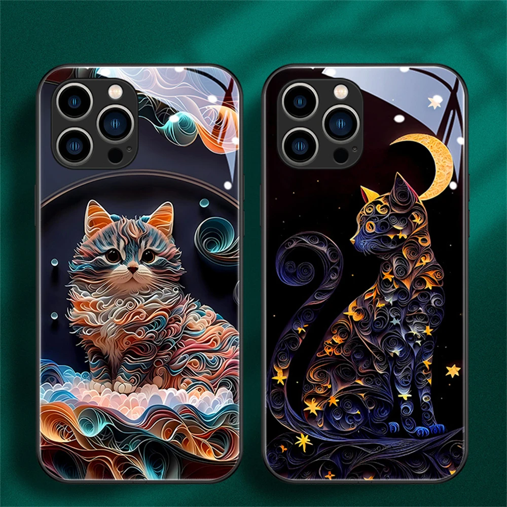 Luxury Fortune Cat Sound Control LED Flash Cases Luminous Glass Cover For iPhone Air 17 E 16 E 15 14 13 12 11 Pro Max Plus