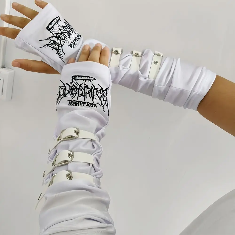 Creative Metal Buckle Arm Sleeves Dark Punk Y2K Sunscreen Gloves Embroidery Harajuku Decorative Gloves Women