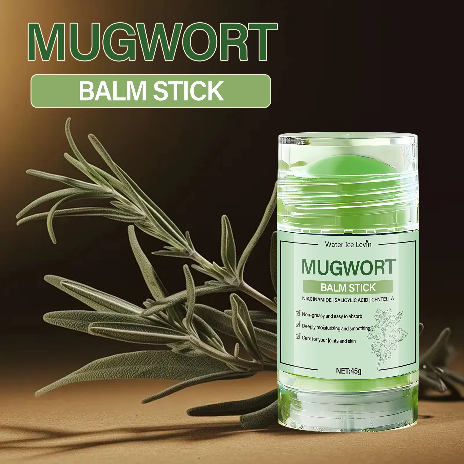 Natural Herbal Mugwort Balm Stick. Non-Greasy Fast Absorption. Joint Skin Care. Soothes Muscles, Nourishes Dry Skin. 45g.