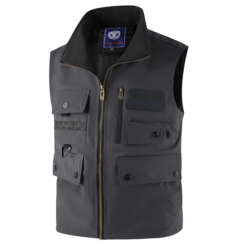 New Men Fashion Simple Multi Pocket Vests Spring Autumn Leisure Solid Stand Collar Vests Outdoor Fishing Hiking Sports Jacket