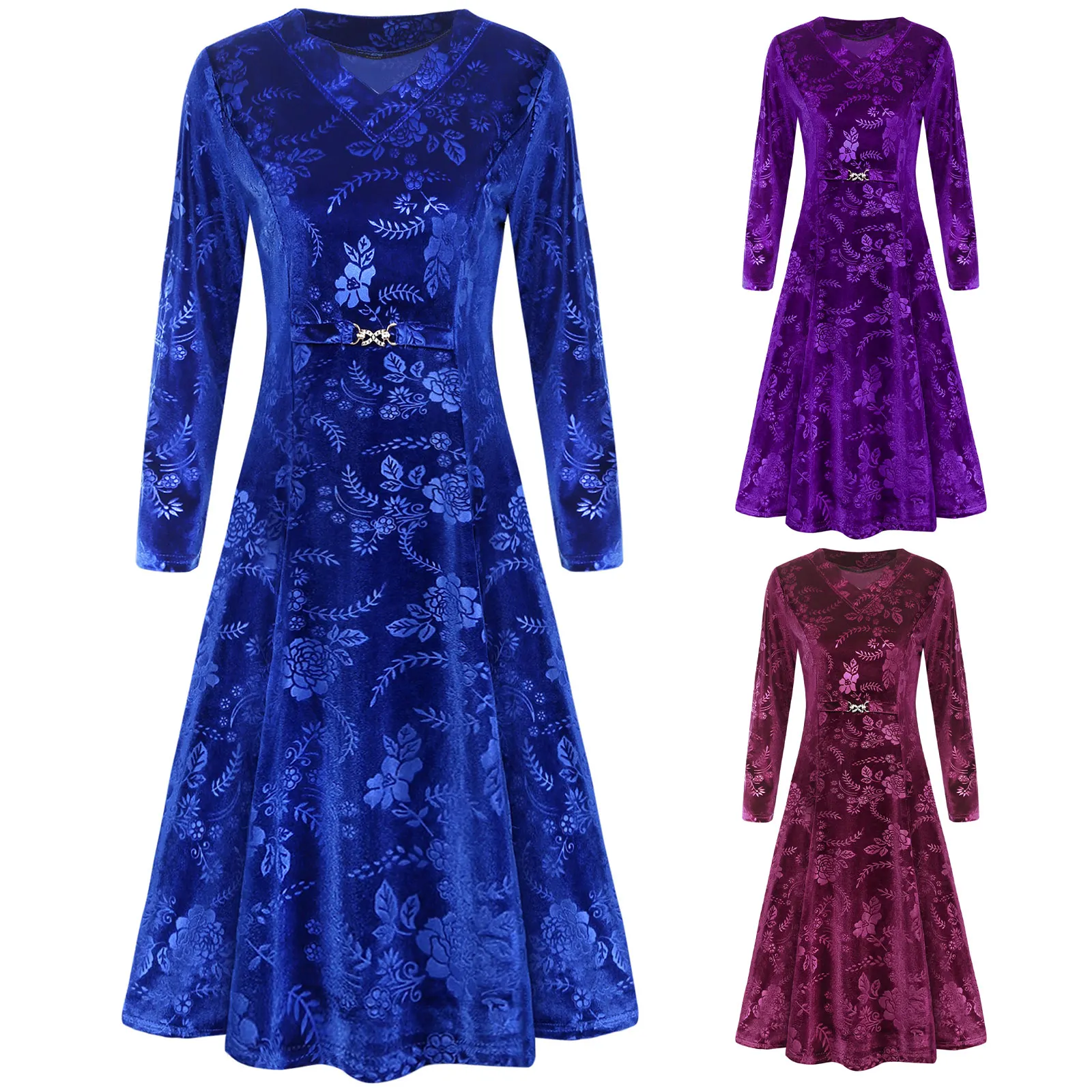 Women's Dress Elegant Long Sleeve V-neck Velvet Floral Dress for Bridesmaid Formal Wedding Party Ball Banquet Vestido De Fiesta