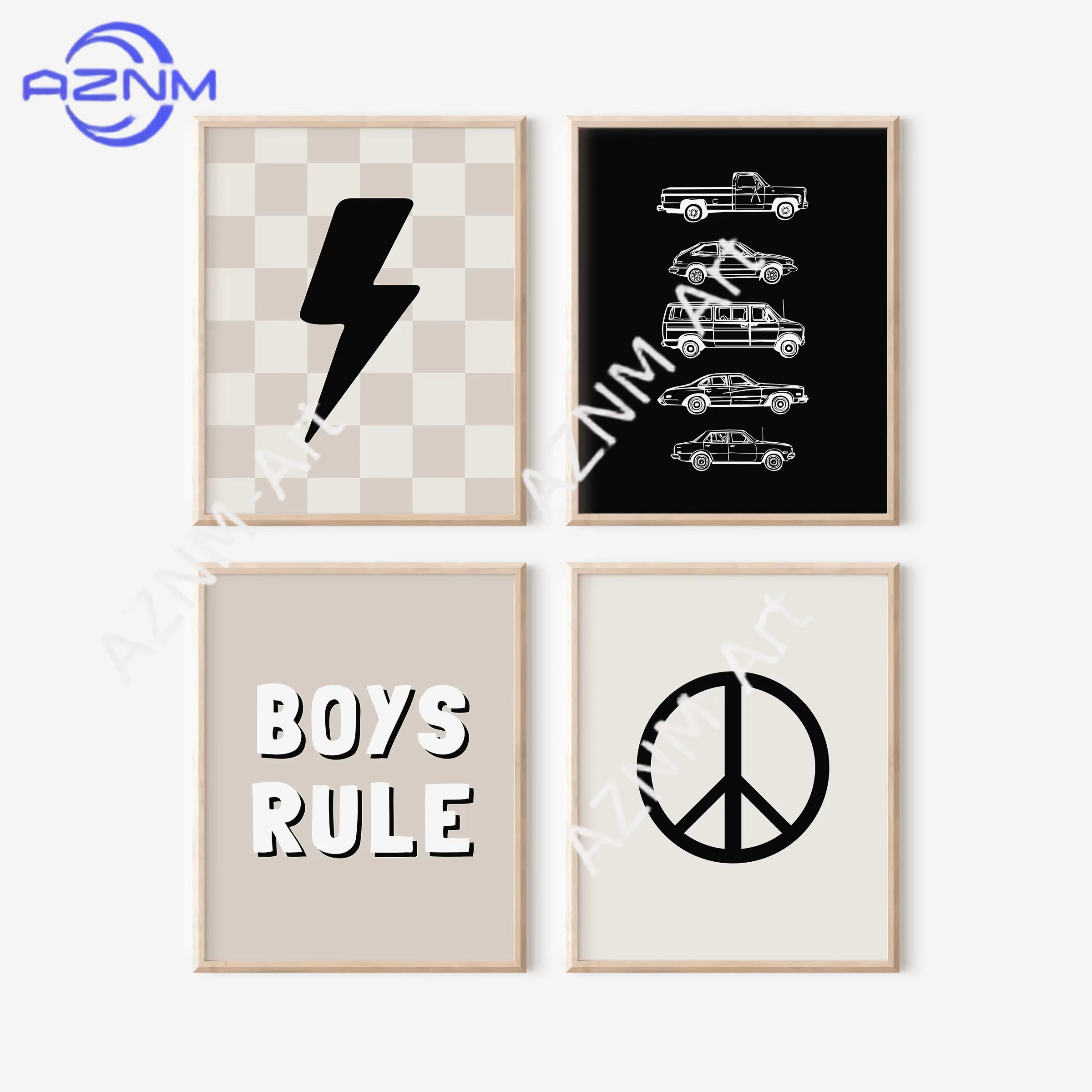 1PC ，Retro Car Lightning Boys Rule Gallery Wall Prints Quote Play Poster Wall Art Canvas Painting Kids Room Living Room Home