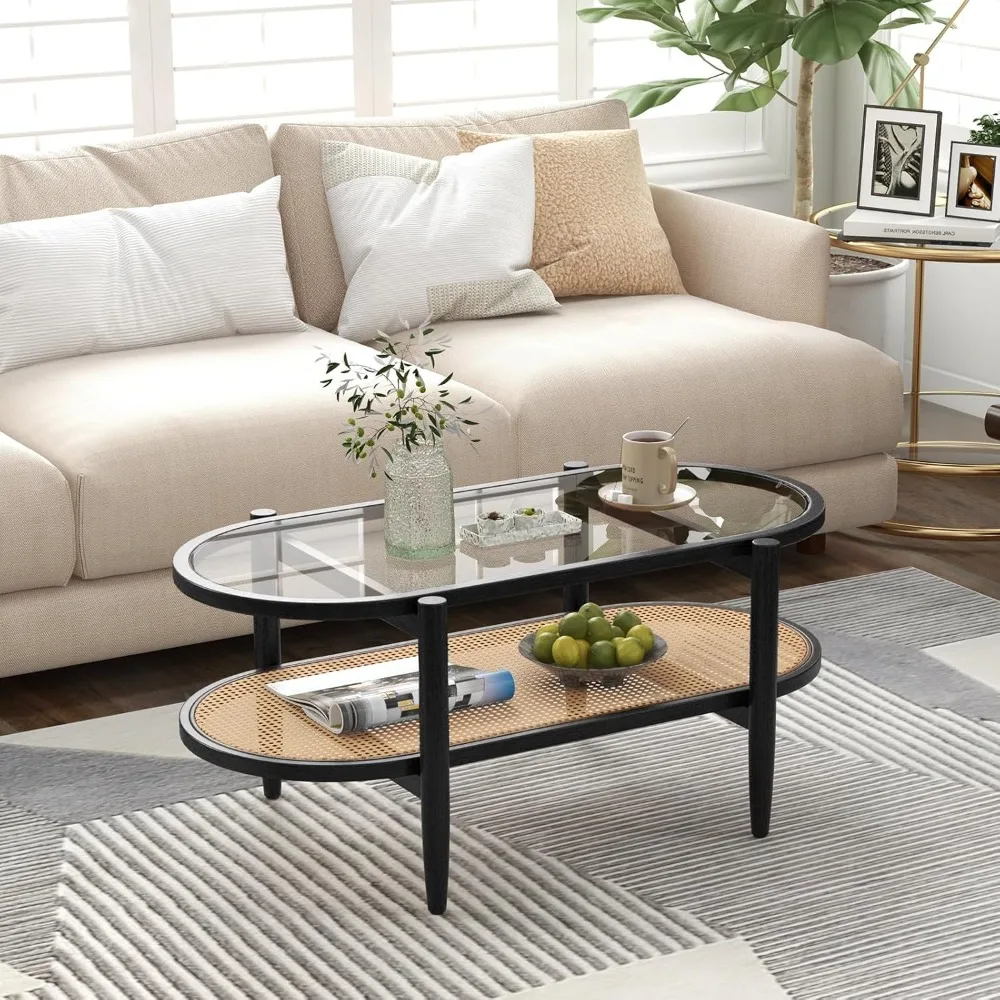 

Rattan Coffee Table, 40”L Boho Oval Acacia Wood Cocktail Table with Tempered Glass Tabletop & PE Rattan Storage Shelf