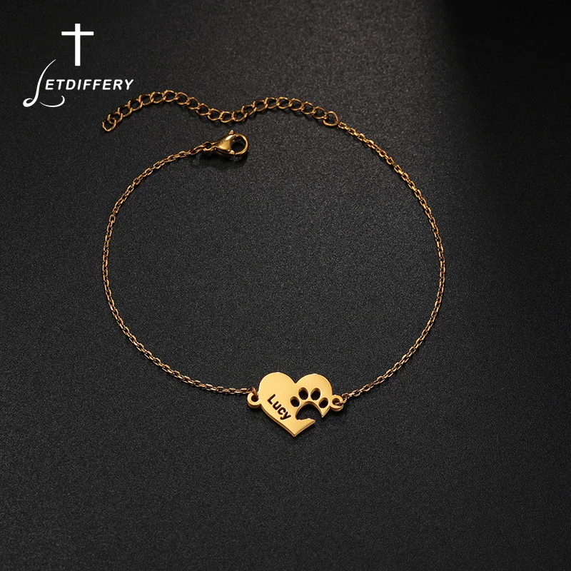 Letdiffery Custom Names Bracelet For Women Men Love Hollow Claw Print Pendant Jewelry Stainless Steel Lovely Anniversary Gifts