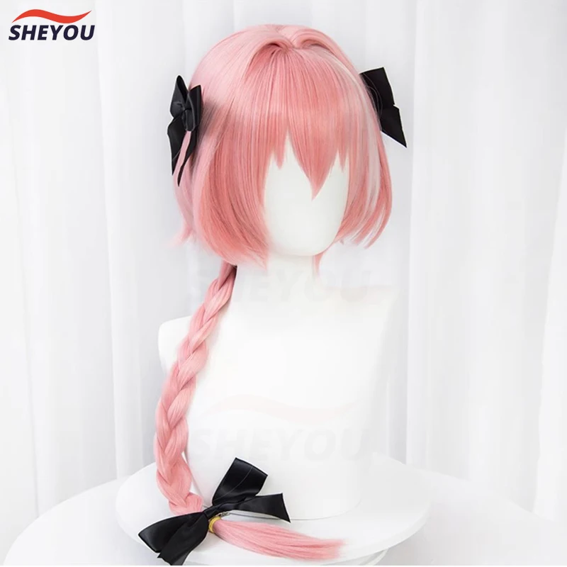 Astolfo-Long Pink Mixed Braid peruca de cabelo sintético resistente ao calor e boné, Game Fate Cosplay Perucas, Halloween Party