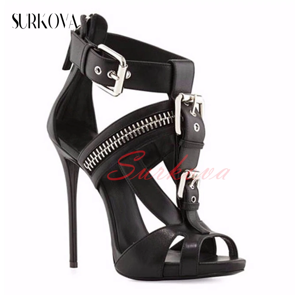 Zipper Metal Buckle Estilo Punk Sandália Ankle Boots Peep Toe Salto fino Sandálias Open Toe Senhoras Moda Stilettos Sandálias 2023 Novo