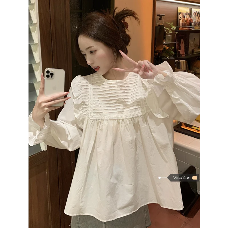 Spring New Pleated Loose Youth Blouse Long Sleeve Solid Color Patchwork White Korean Shirt Tops Vintage Fashion Women Clothing