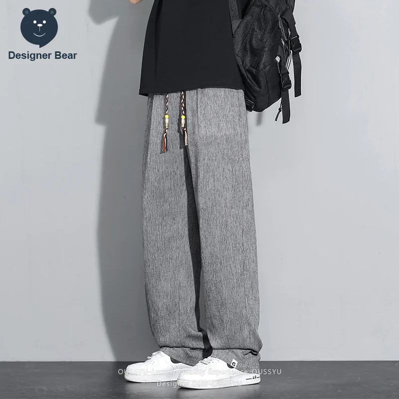 Sommerliche, dünne, atmungsaktive Herren-Freizeithose aus Baumwoll-Leinen-Mischgewebe mit Kordelzug, gerade geschnittene Streetwear-Hose in Grau, Herrengröße M-4XL