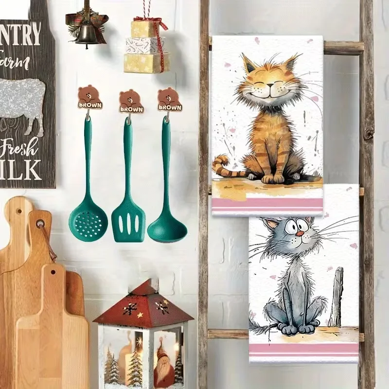 2-Pack of Absorbent Kitchen Towels with Cat Pattern, Microfiber Material with Smiling Petals Background, Suitable for Home Cooking, Cleaning, Outdoor Activities, Tea Party Decorations, Household Items