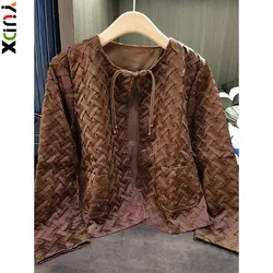 YUDX Miyake Pleated Short Jacket O-neck Casual Woman Long Sleeved Pockets Simplicity Loose Female Cardigan Top New Spring 2024