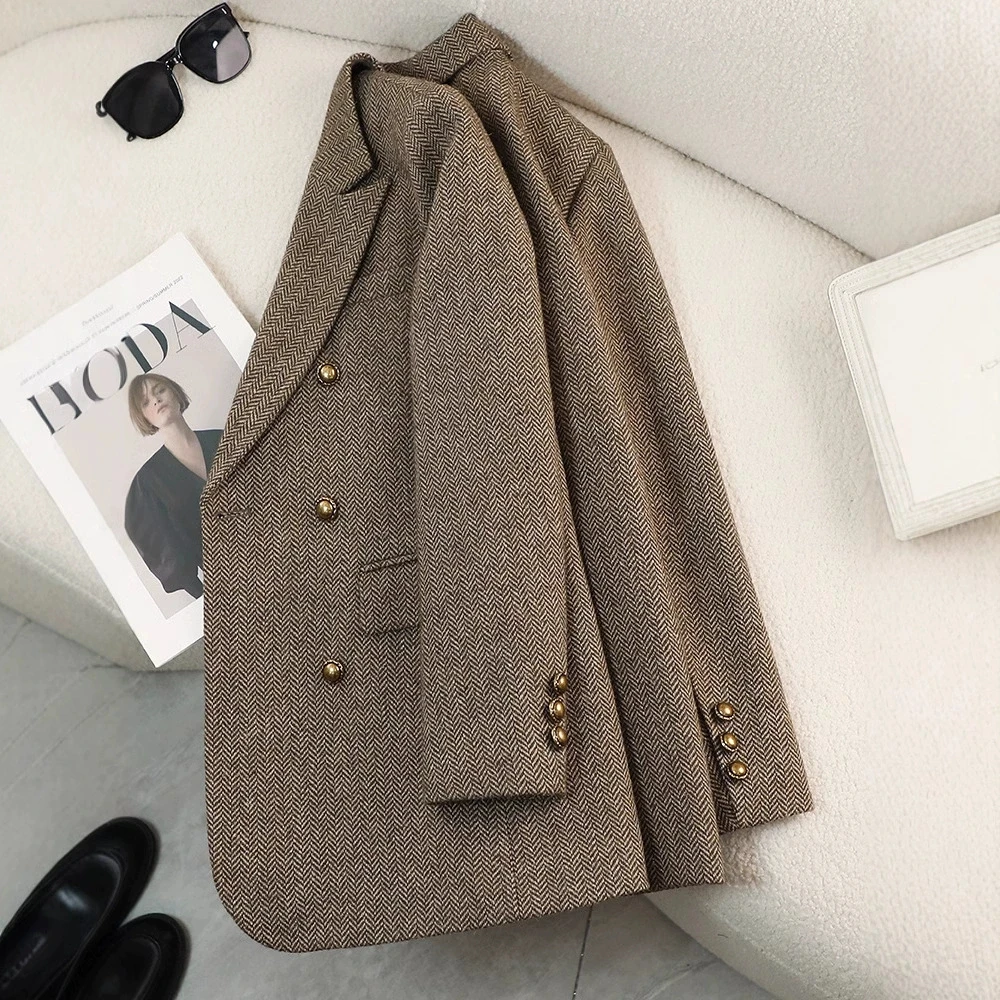 High Quality Stripe Woolen Blazer Women Spring Autumn Jacket Double Breasted Long Sleeve Business Formal Jacket Female Outerwear