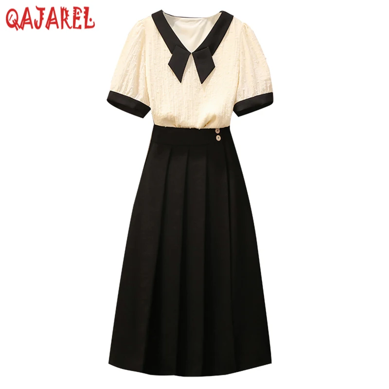 

2023 Summer Korean Fashion Elegant Two Piece Sets Women White Polo Collar Top Coat+Black Half Lenth Pleated Skirt Two Piece Sets