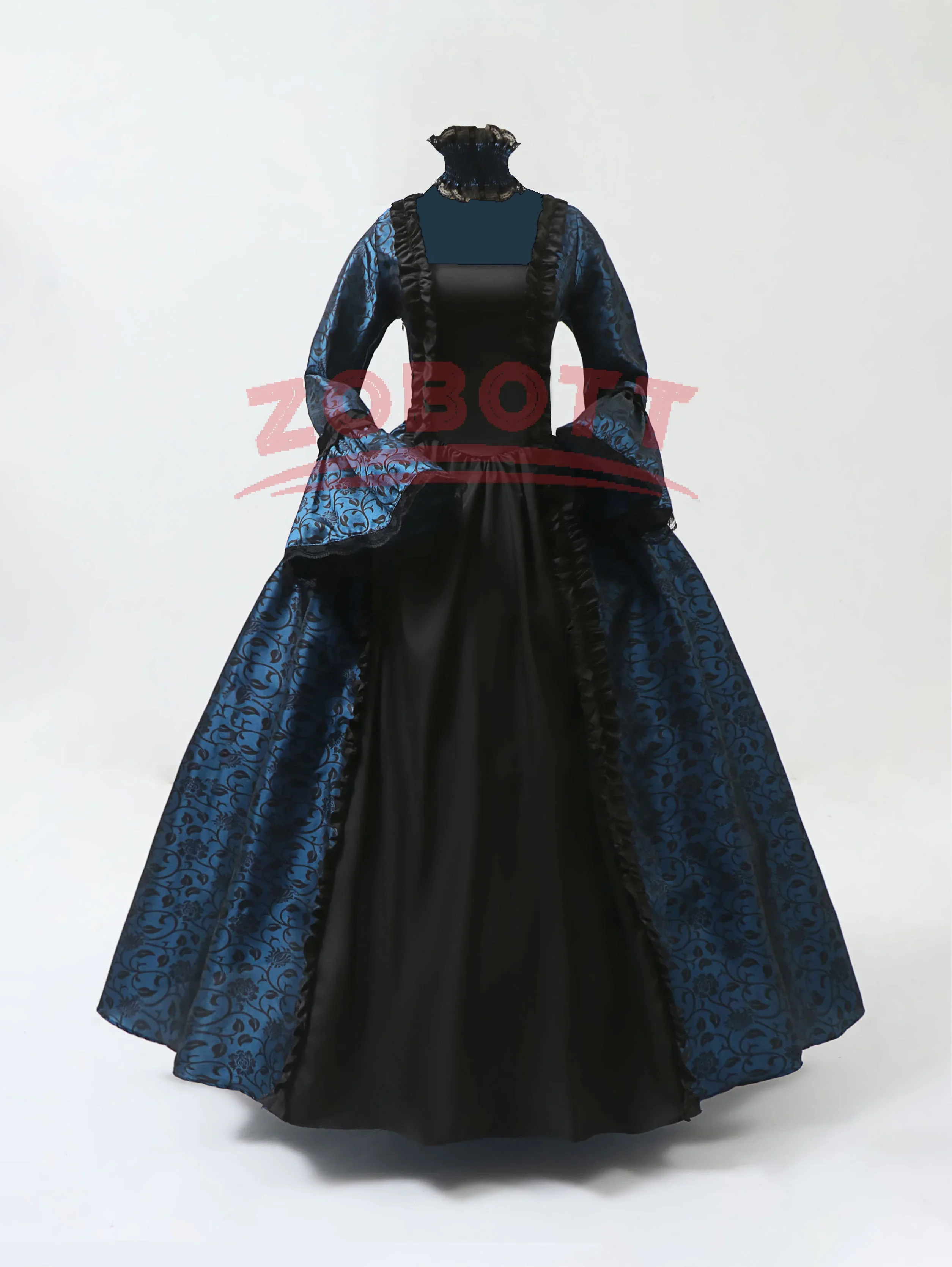 Damen Vintage Mittelalter Gothic Square Neck Flare Sleeve Spitze Patchwork Maxikleid, figurbetontes Kleid