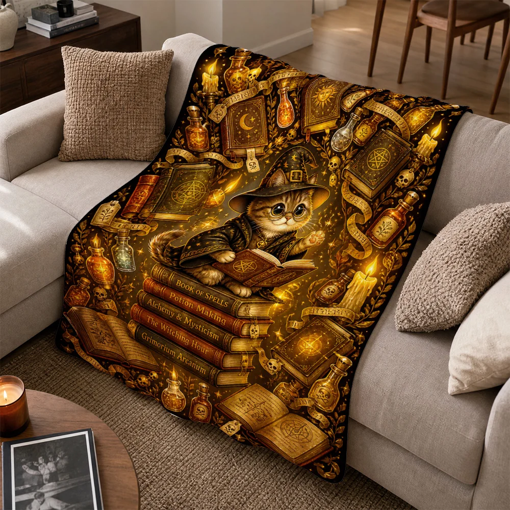 Enchanting Witch Cat Spells Throw Blanket Sofa Cover Halloween Occult Magic Decor Gothic Mystical Gift Cozy Home Textiles