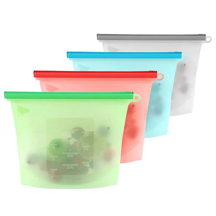 Bolsa de almacenamiento de silicona reutilizable de 1000ml para el almuerzo, sándwich, aperitivos, almuerzo líquido, congelador de frutas, bolsas con cierre de cremallera, 4 colores