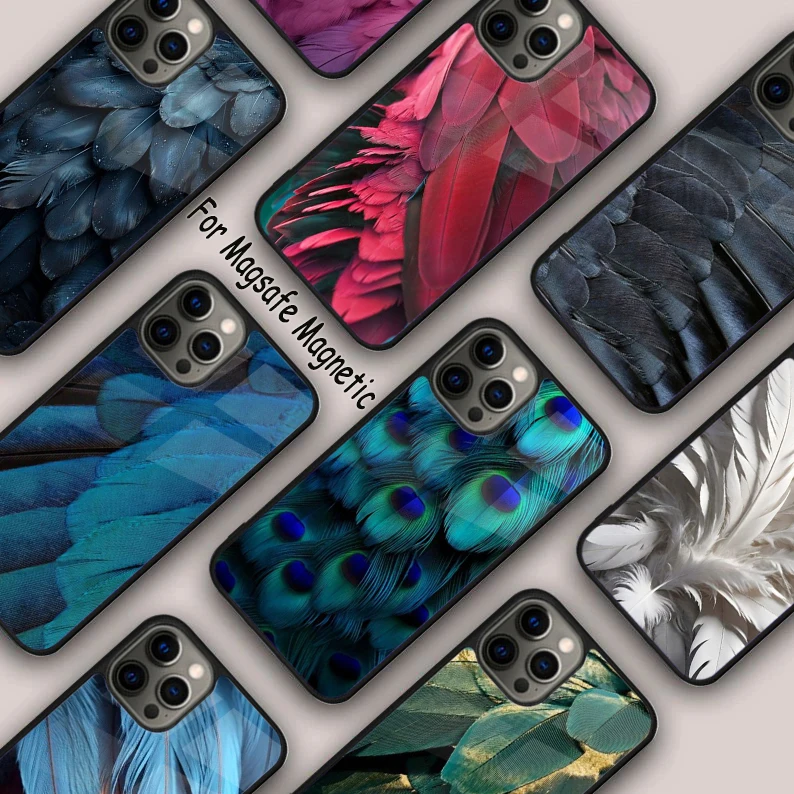 Bird Feathers Pattern Magnetic Phone Case For APPLE iPhone 16 14 13 12 11 Pro Max 15 Plus Wireless Charge With MagSafe Cover