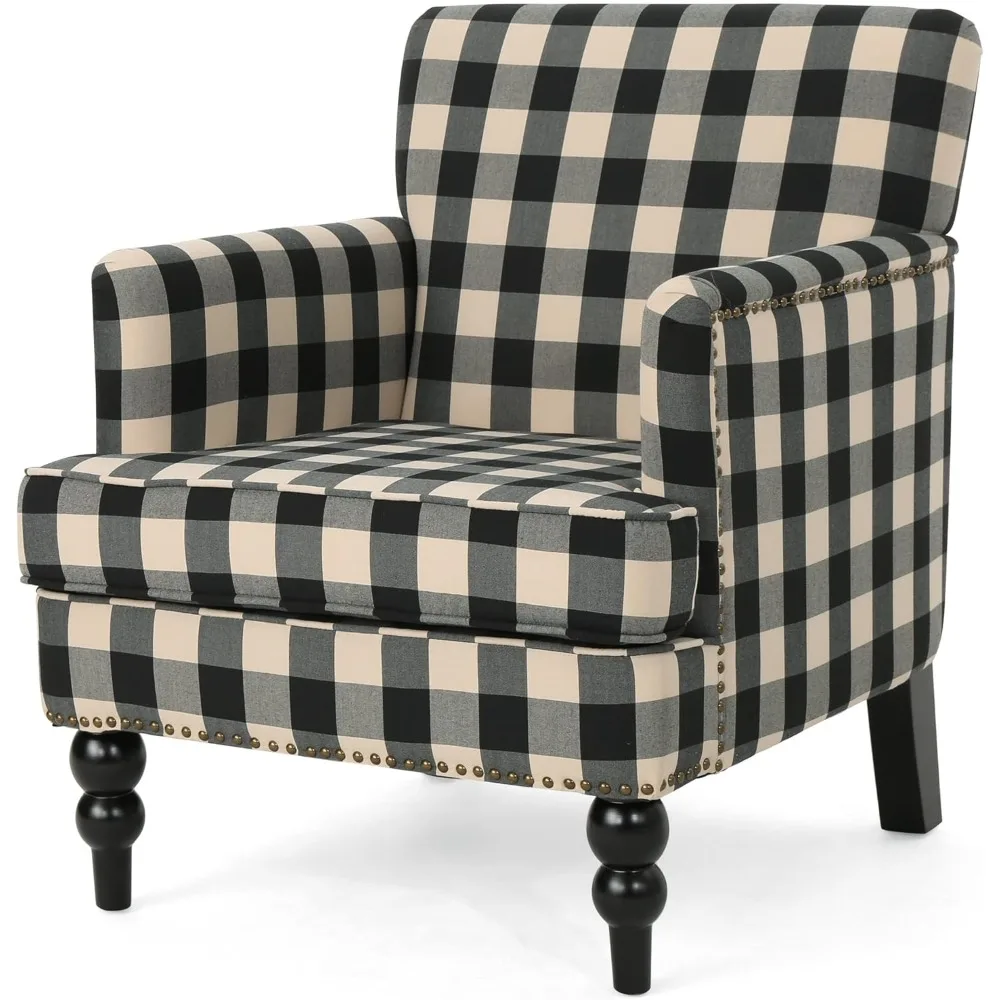 Evete Tufted Fabric Club Chair, Black Checkerboard