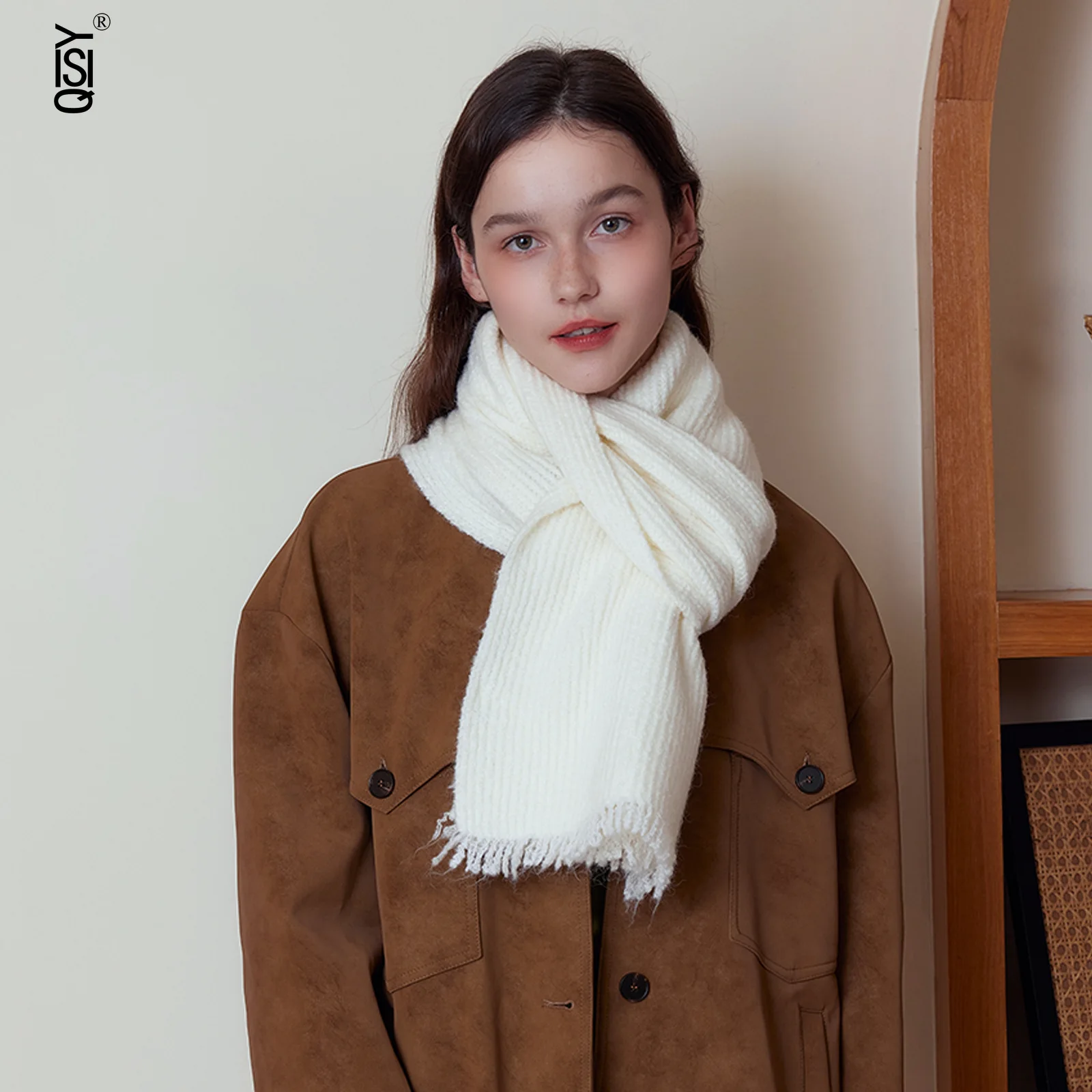 

Korean-style Simple and High-end Wool Blend Solid-color Knitted Scarf, Thickened and Warm Wool Scarf for Women in Winter