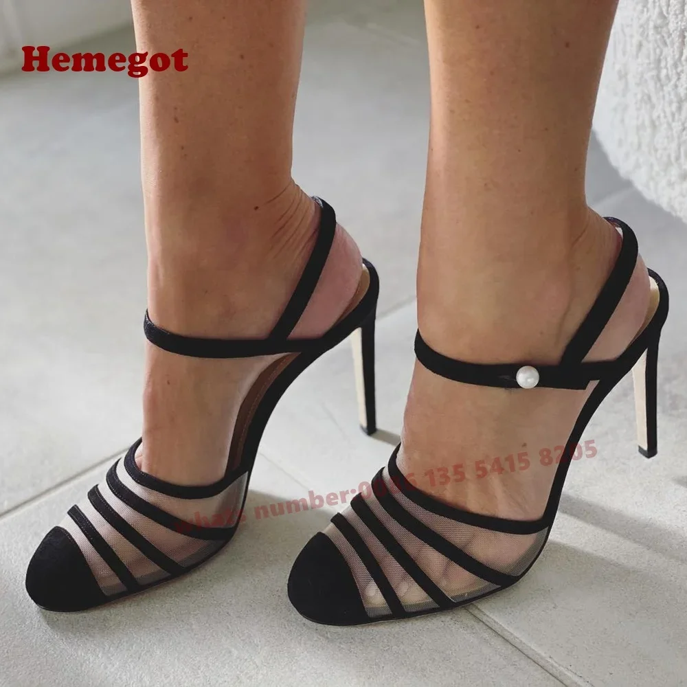 Air Mesh Slingback Stiletto Heels Women's Sandals Stripes Cut Out Pearl Pumps Round Toe Summer Black 2025 New Luxury Party Shoes