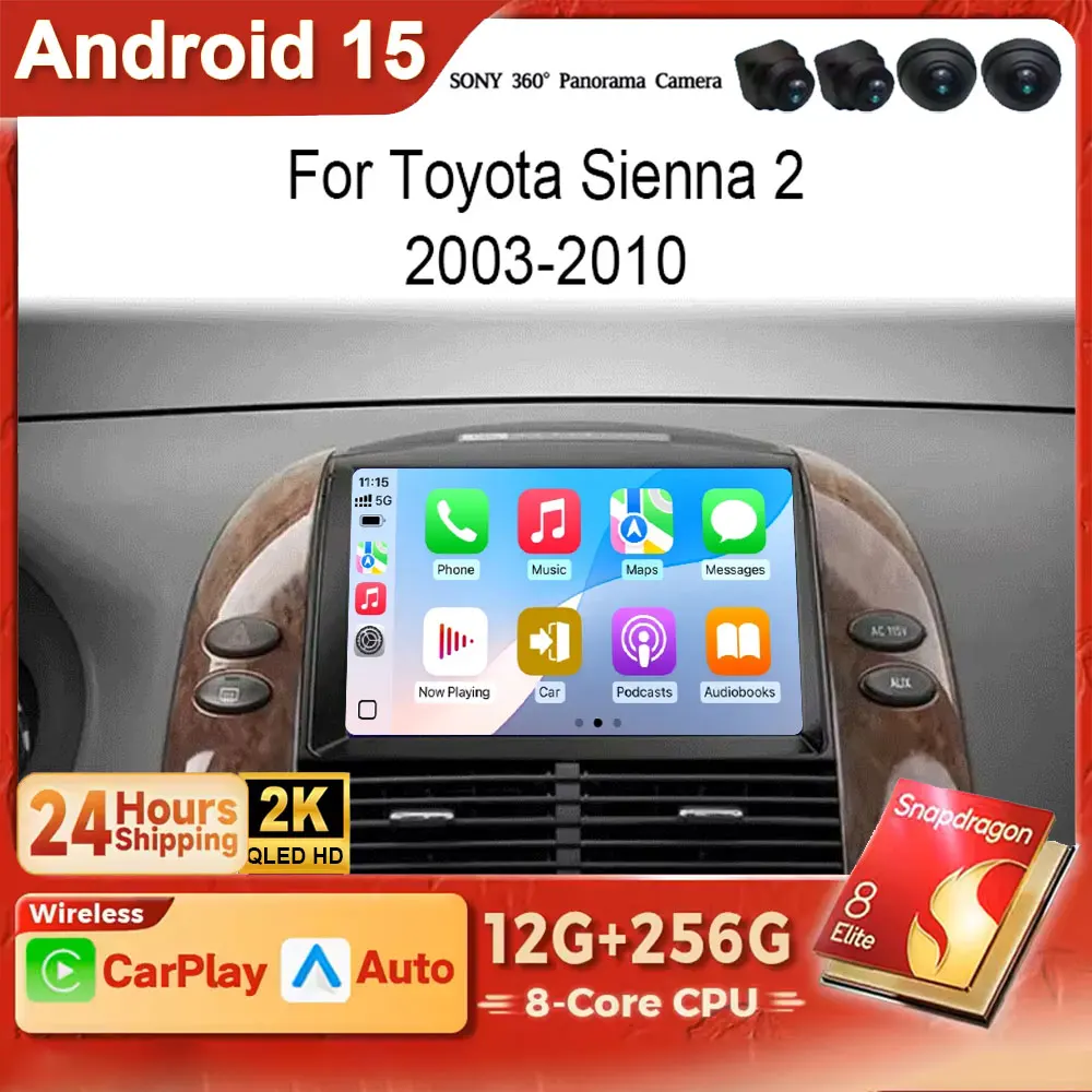 Android 15 Carplay para Toyota Sienna 2 II XL20 2003 - 2010 2K QLED Radio de coche 4G BT reproductor de vídeo Multimedia GPS Autoradio Auto