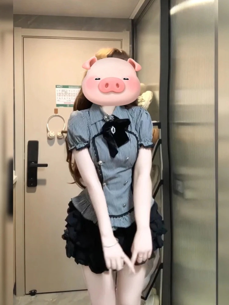 College Style Slimming Suit Dress for Women Summer 2025 New Design Short Sleeve Shirt + Layered Short Skirt Two-Piece Sets