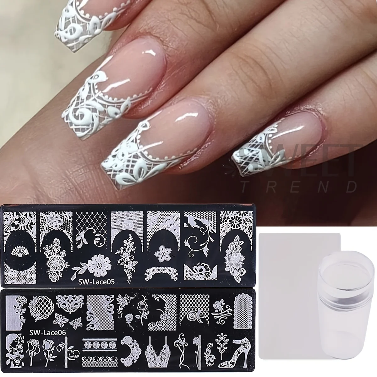 2pcs Lace Wedding Manicure Stainless Steel Nail Art Stamping Plate With Stamper Flowers Butterfly Image Printing Nail Templates