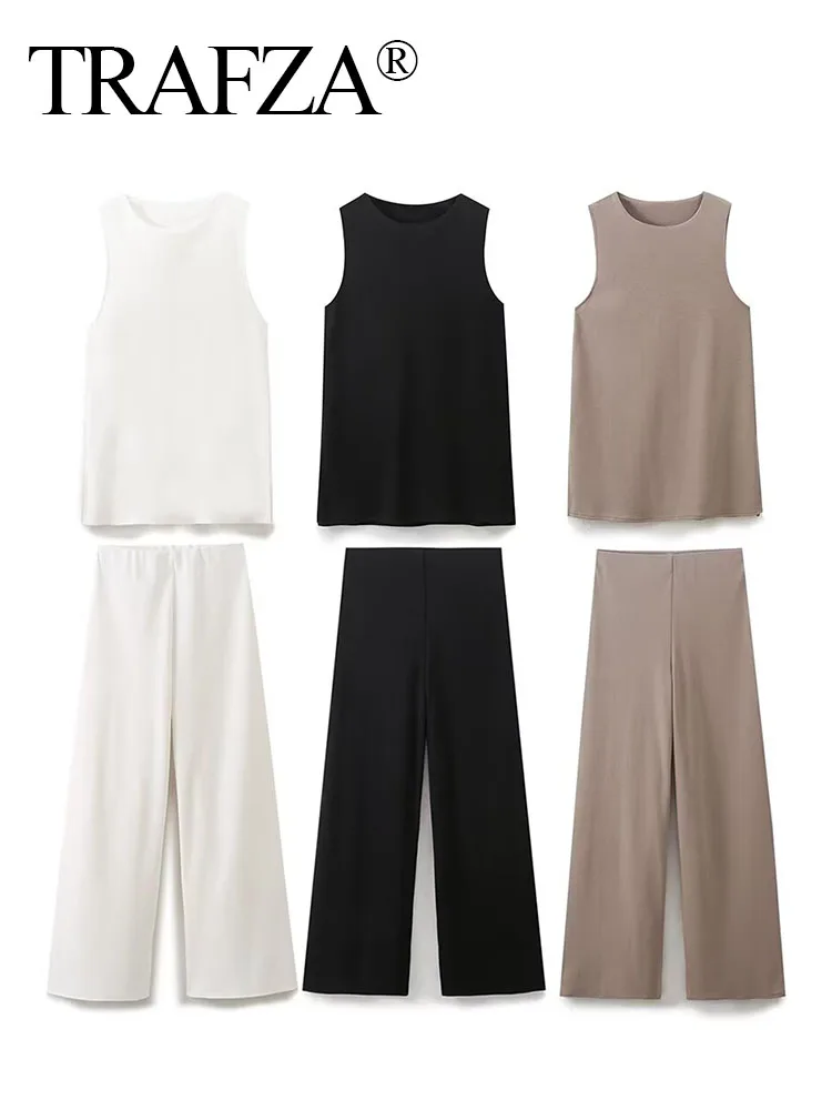 TRAFZA For Summer Female Chic O-Neck Loose Knitted Cotton Sleeveless Street Top Set Straight Loose Wide Leg Pants 2-piece Mujer