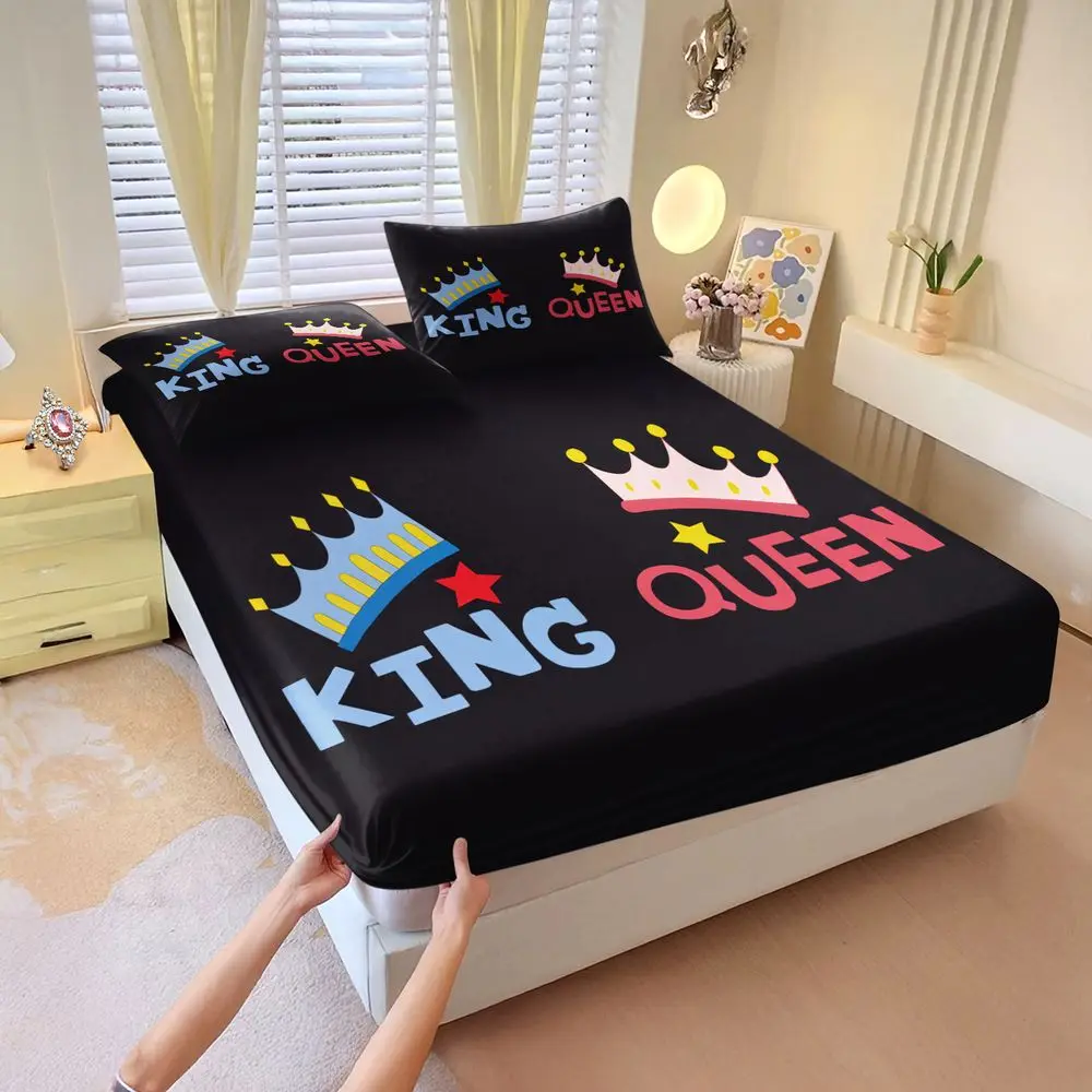 King Queen Cartoon Crown Print Fitted Sheet Set Bed Sheet Set Bedding Set No Fillers Soft Couple Bedroom Digital Print Decor
