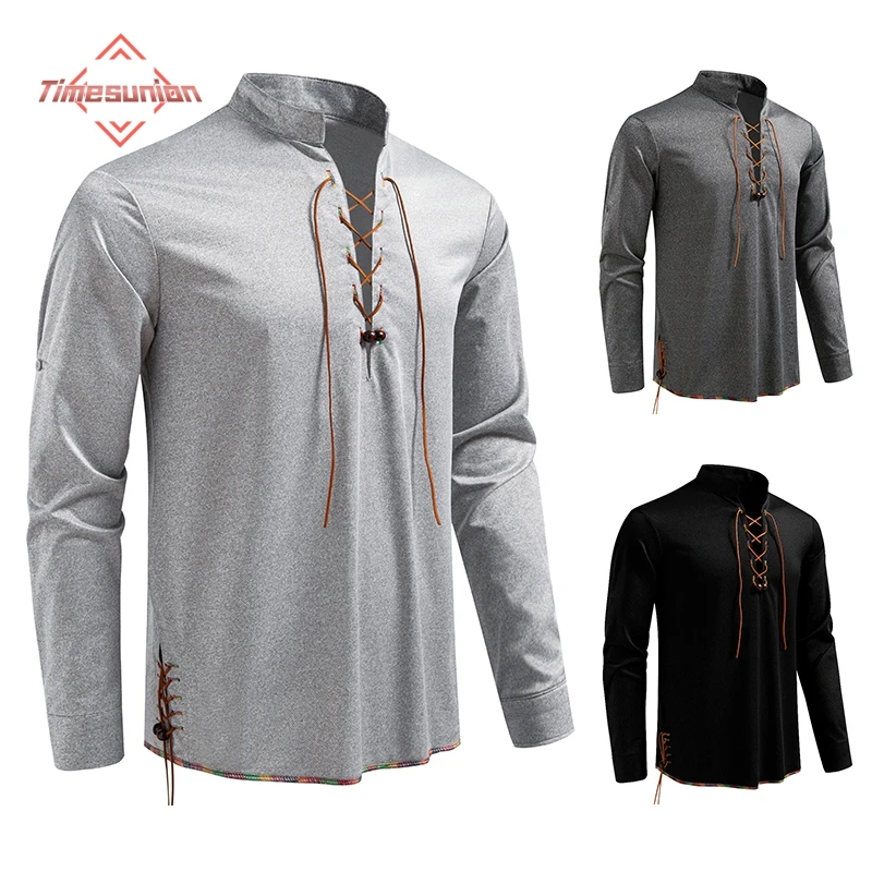 

Дизайн на шнурке, повседневная мужская футболка с длинным рукавом и воротником-стойкой, рубашка в стиле хиппи, пляжный стиль, трансграничная мужская одежда, удобная