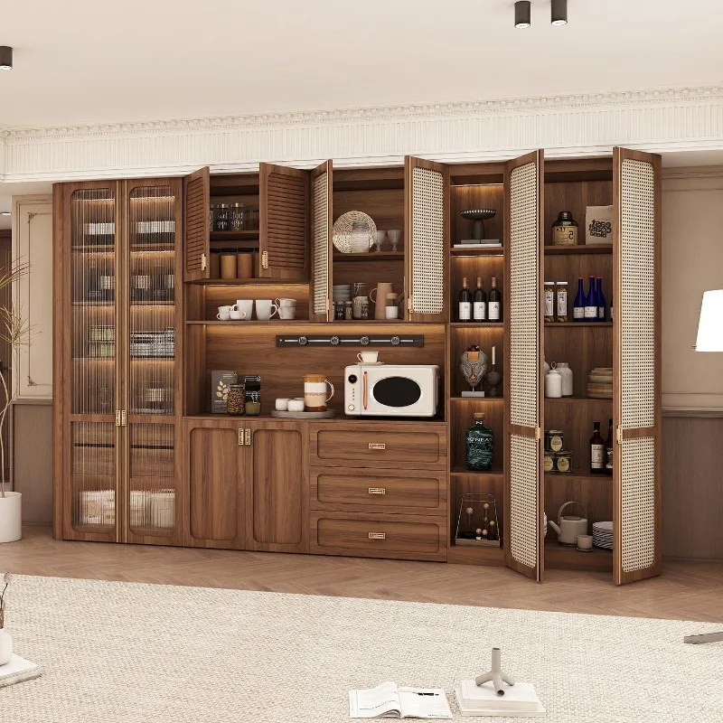 Rattan sideboard, eco-friendly European pine board, integrated display cabinet for tea storage and display in home dining rooms