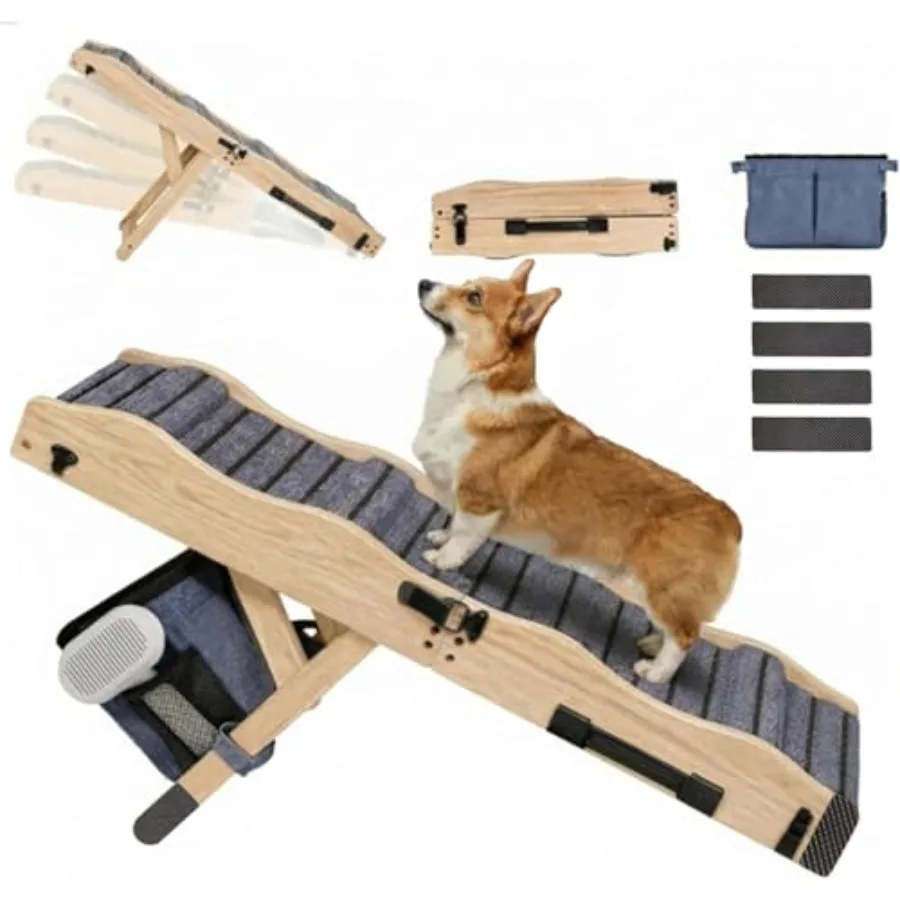 

2026 Upgraded Dog Ramp for Couch Low Bed, 33 L Folding Wood Pet Ramp 200LB Capacity, 4-Level Adjustable Height 11-20, Non-Slip