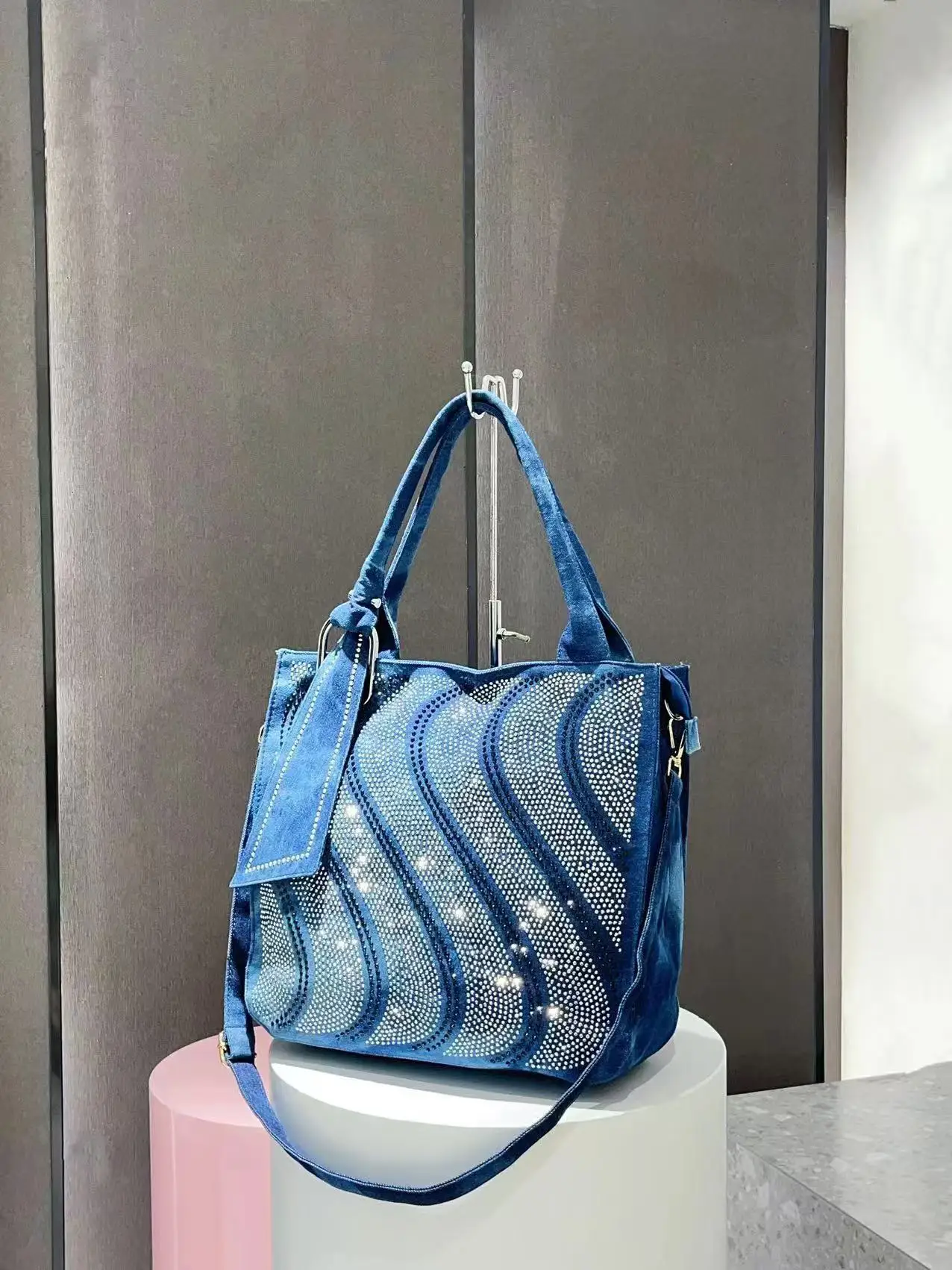 New Vintage Denim Jeans Bag for Women Handbags Zipper Shine Rivets S Rhinestone Purse Woman Totes Female Shoulder Bag — zdjęcie 7