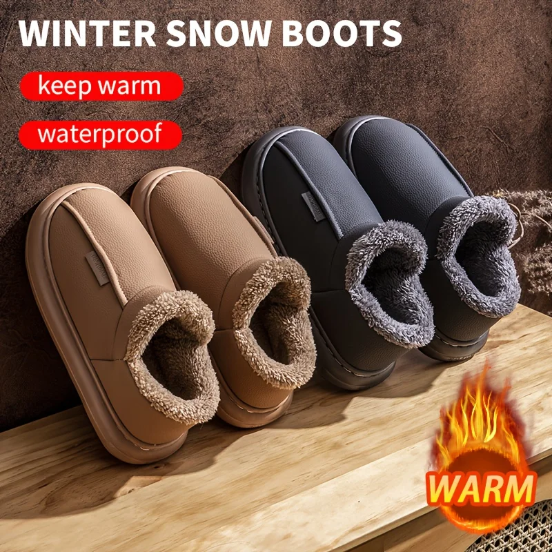 Men Winter Warm Slippers Plush Fleece Lining Soft Non Slip Indoor Outdoor Shoes Cozy House Footwear PU Waterproof Casual Boots