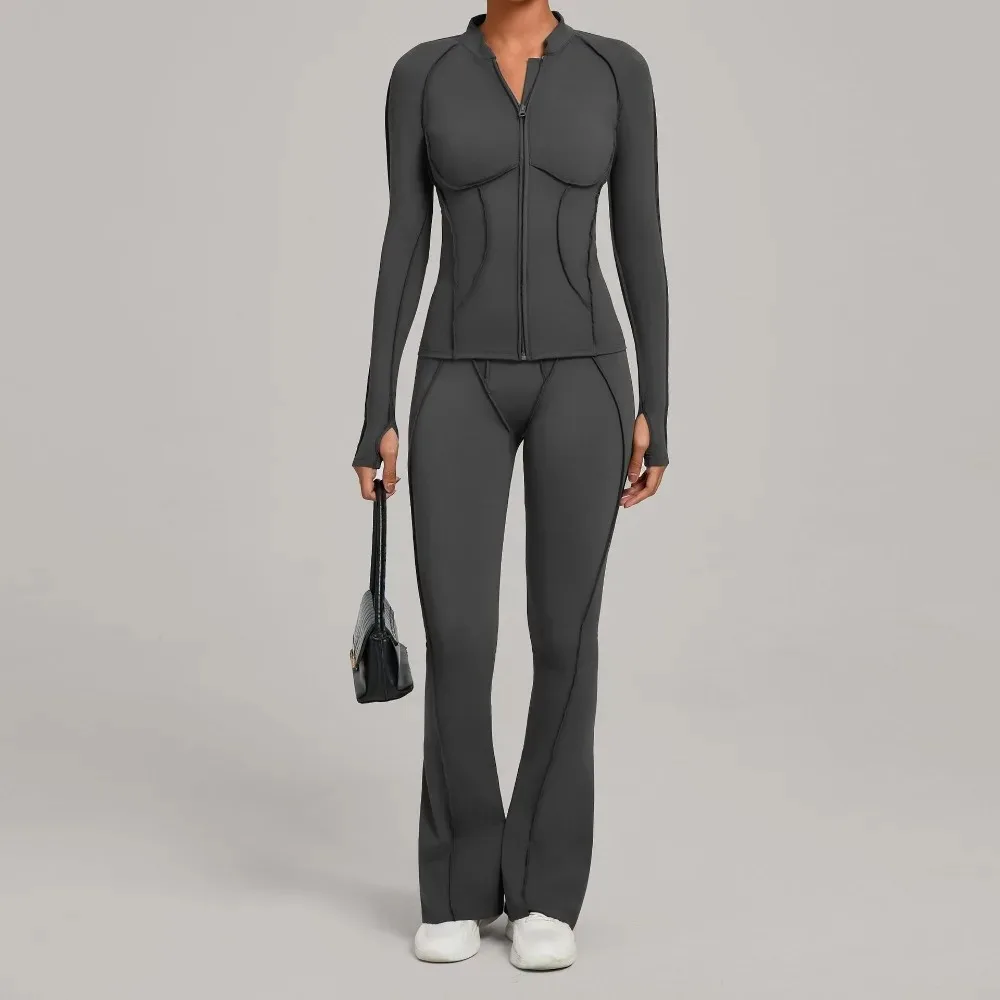 New Gym Yoga Outfit for Women Zipper Long Sleeve Fitness Suit Daily Casual Running Fitness Sportswear Two-Piece Sets Coat+Pants - Image 5