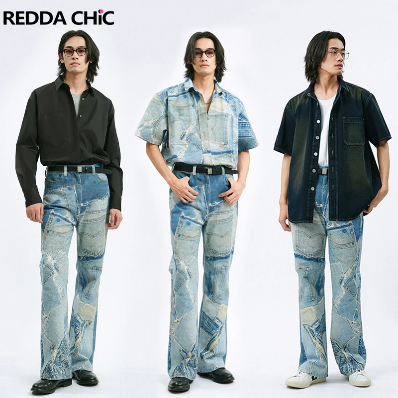 

REDDACHiC Creative Denim Print Baggy Jeans Men 90s Retro Low Rise Skater Oversize Pants Casual Wide Leg Hip Hop Y2k Trousers