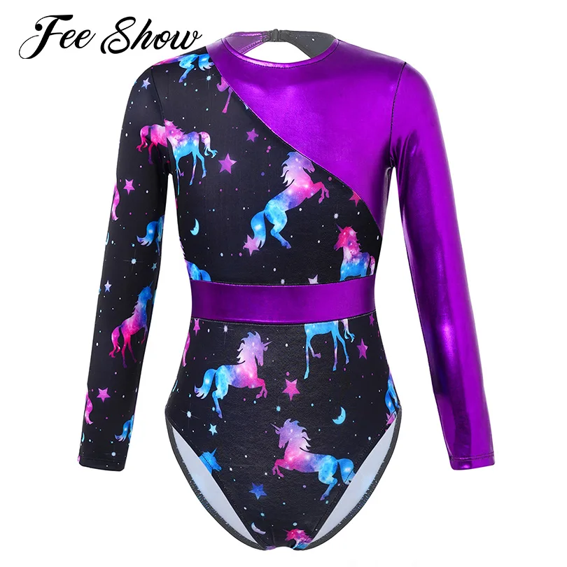 

Kids Girls Cartoon Horse Print Ballet Dance Leotard Long Sleeve Open Back Stretchy Jumpsuit Bodysuit Costume Gymnastic Dancewear