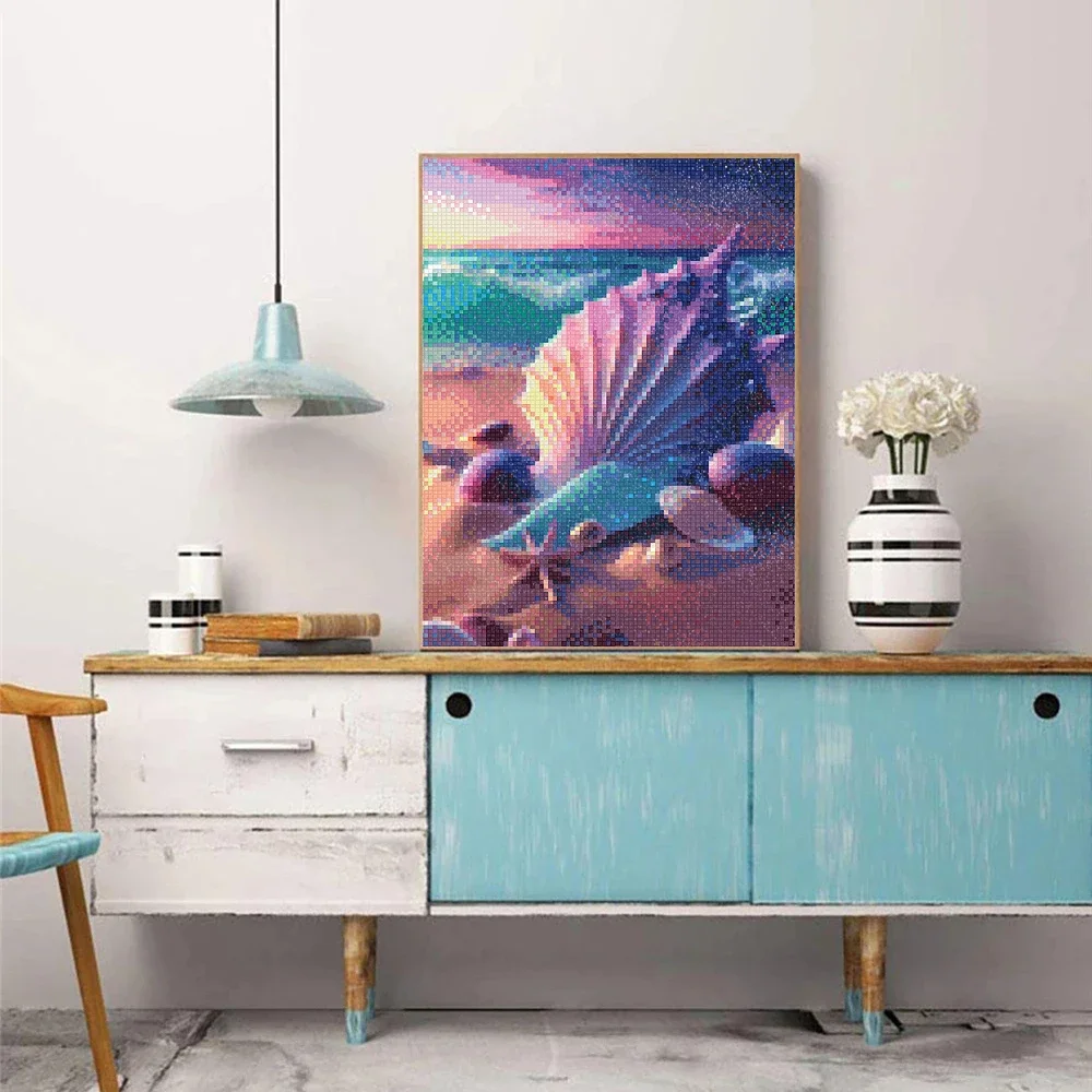 5D Diamond Painting Fantasy Shell Seaside Scenery Diamond Embroidery Mosaic Cross Stitch Kit Girls\' Bedroom Home Decoration Gift