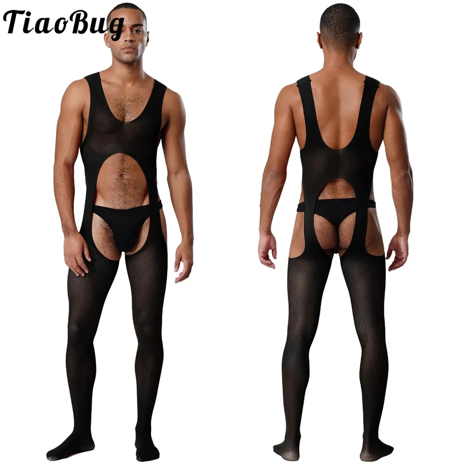 

Adult Men Lingerie Tempting Night Body-stockings Sheer Stretchy Footed Leggings Sleeveless Opening Butt Flaunting Jumpsuits