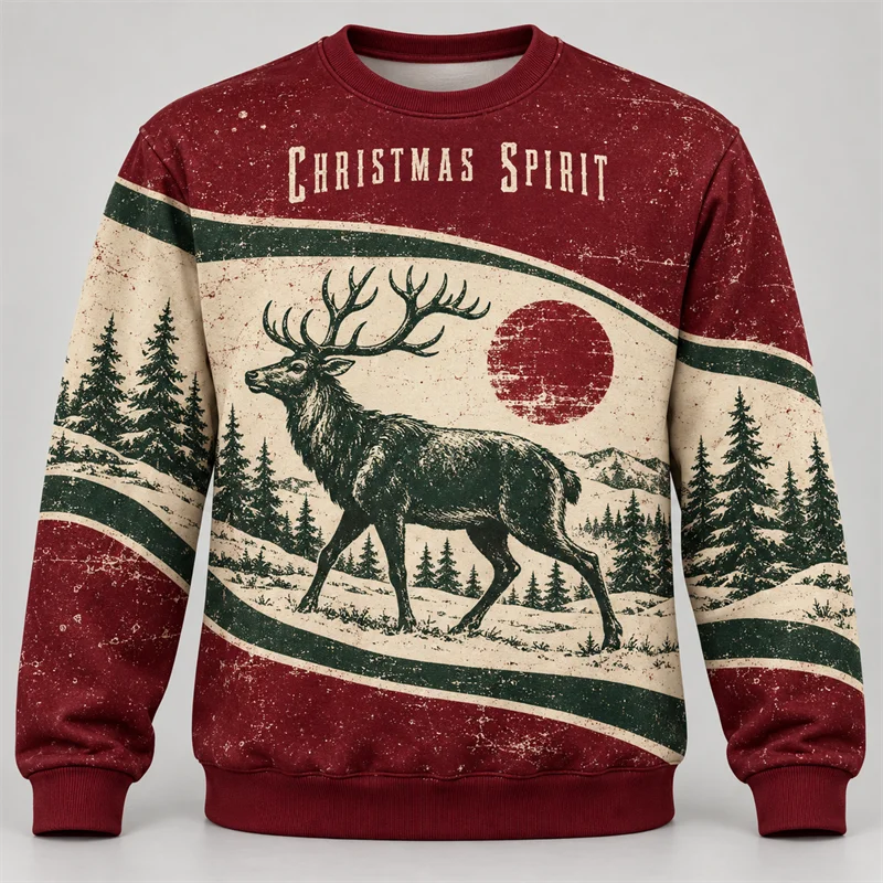 Retro Christmas Sweatshirt Men Santa Claus Reindeer Sleigh Winter Forest Striped Print Crewneck Long Sleeve Holiday Pullover
