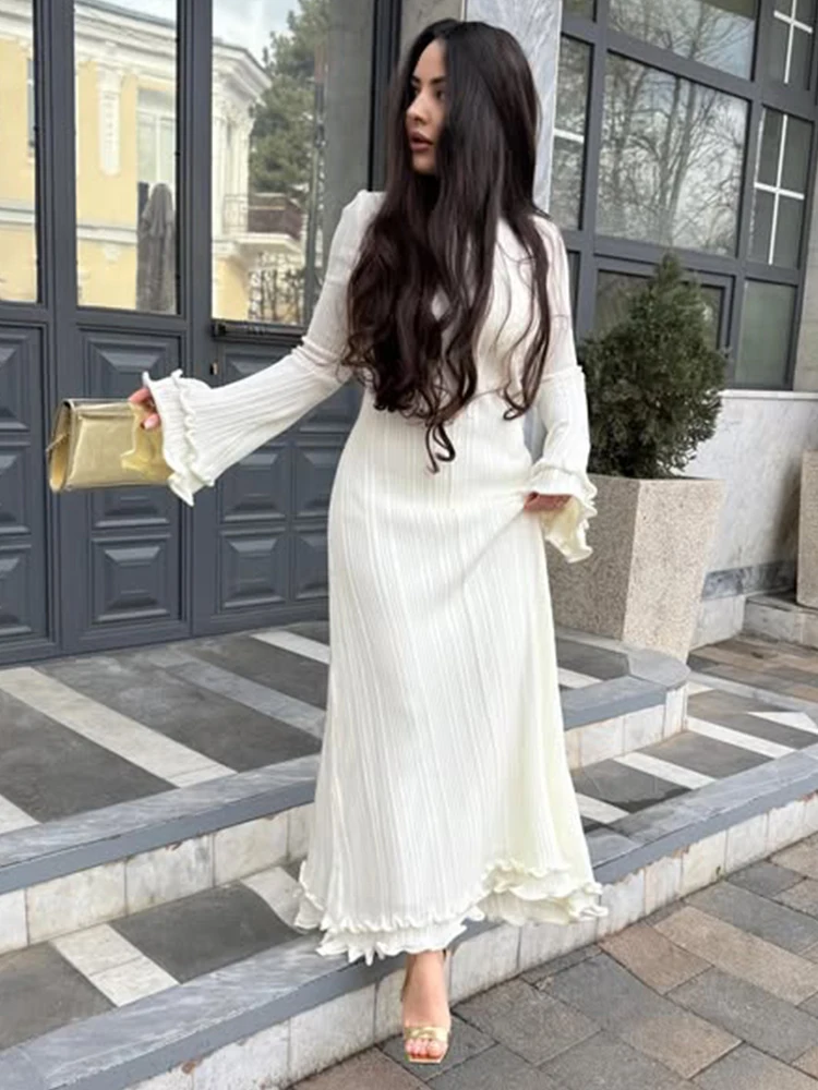 Trendix Knit Elegant Ruffle Maxi Dress Women Summer High Waist Long Sleeve Lace Up Dresses Casual Sexy Backless Knitwear Dress