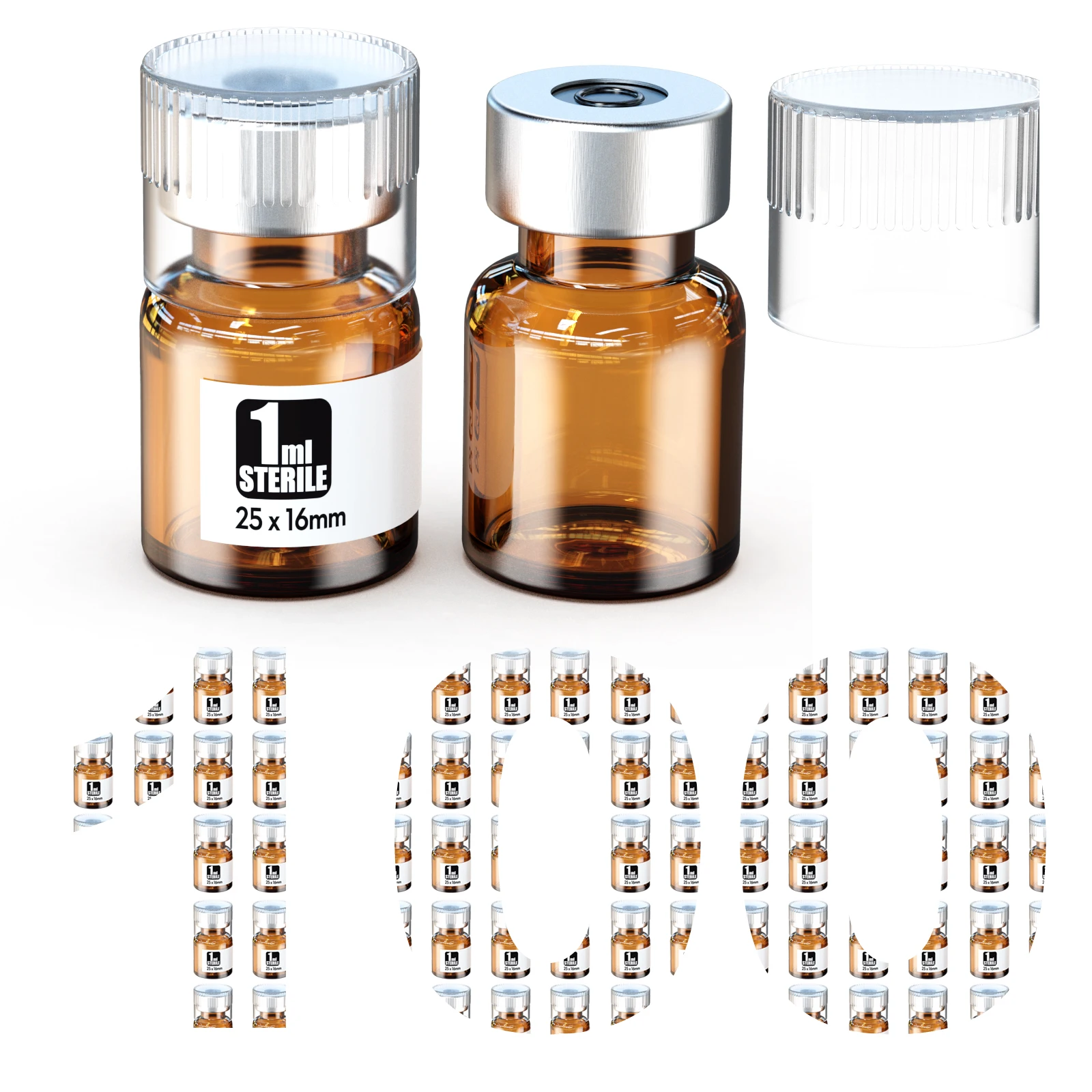 Amber Sterile Empty Vials With Reuse Cap and Butyl Rubber Plug Ready-to-Use Buckle Vials ,Individually Packaged,50pcs/100pcs